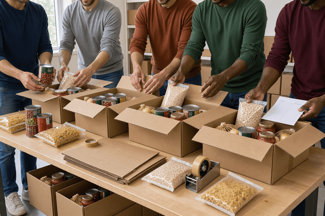 Volunteers packing food parcels into boxes at a long table