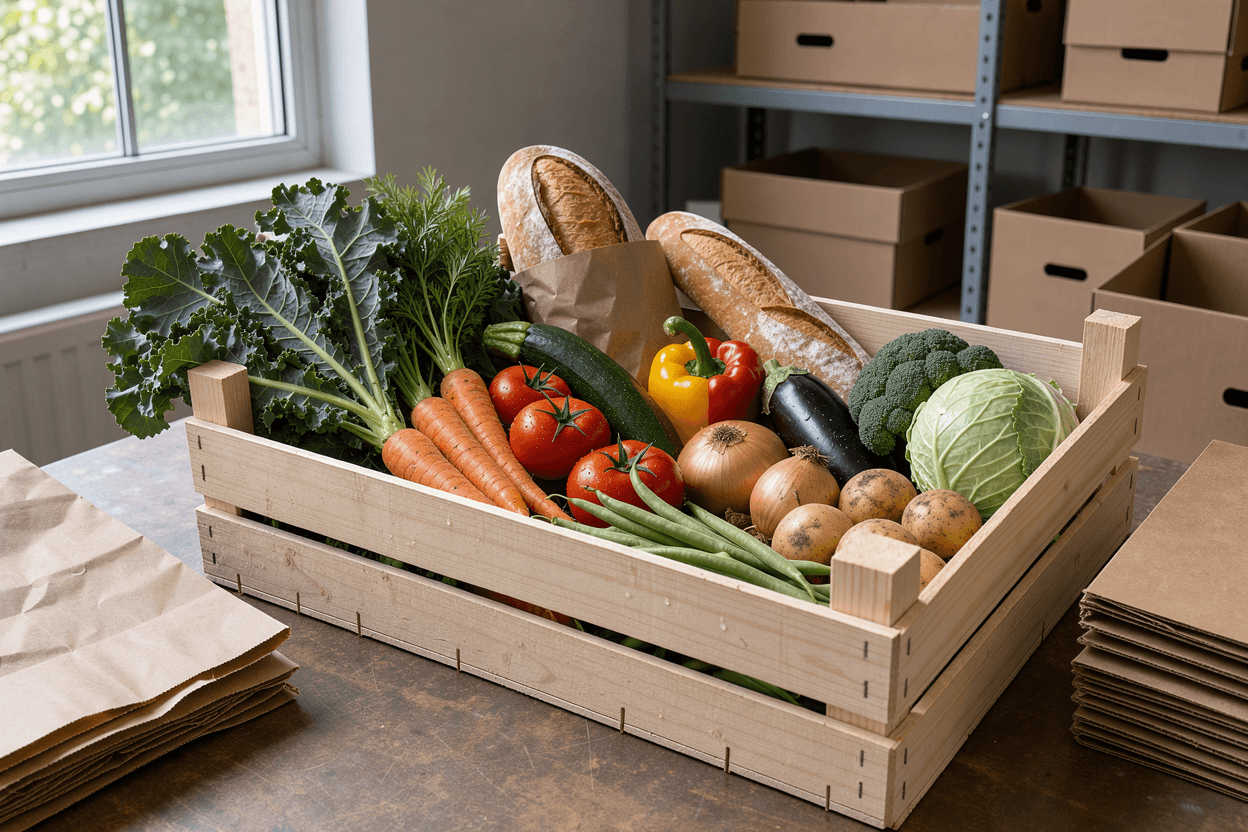 A crate of fresh vegetables and bread donated to a food bank